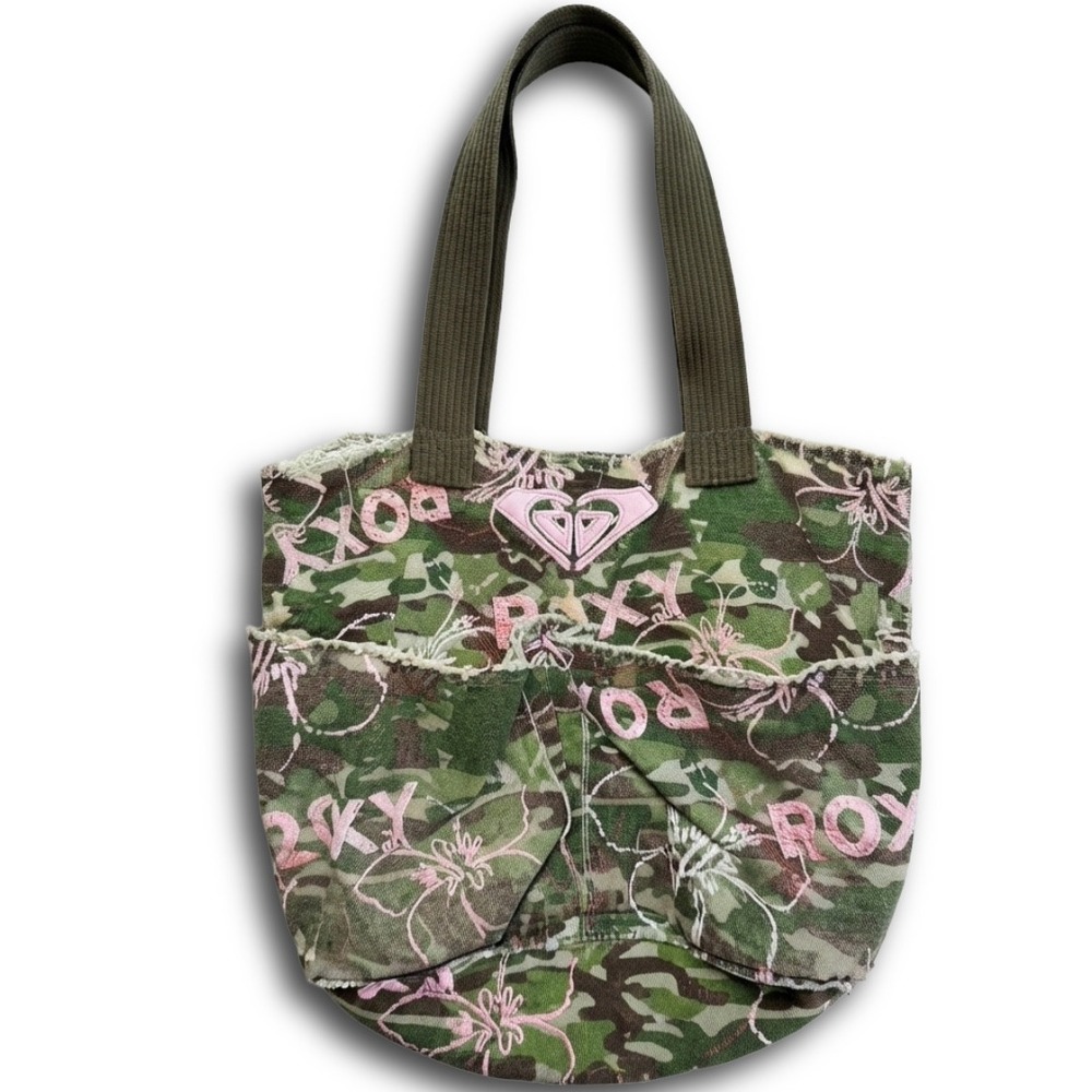 Roxy Vintage Y2K Camo Pink Floral Canvas Tote Bag Slouchy Shoulder Bag